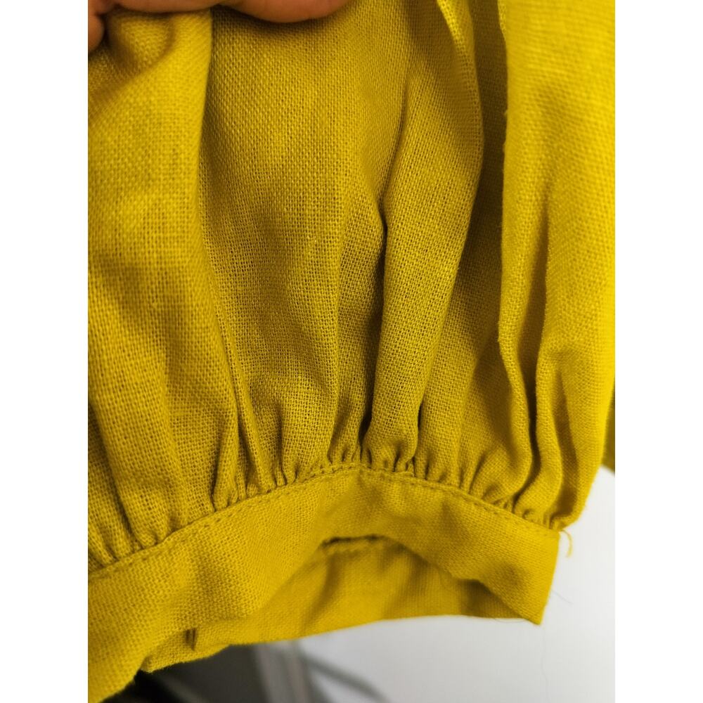 5578)Who What Wear L Chartreuse Yellow Peasant Linen Blend Button Front Blouse - Picture 4 of 8